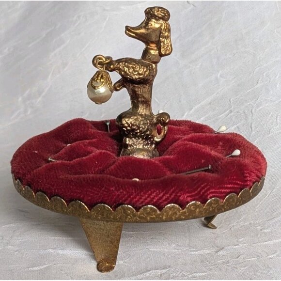 French Poodle Pin Cushion Pearl Gold Trinket Red Velvet Dog Jewelry Dish 60s Vtg - Picture 2 of 16